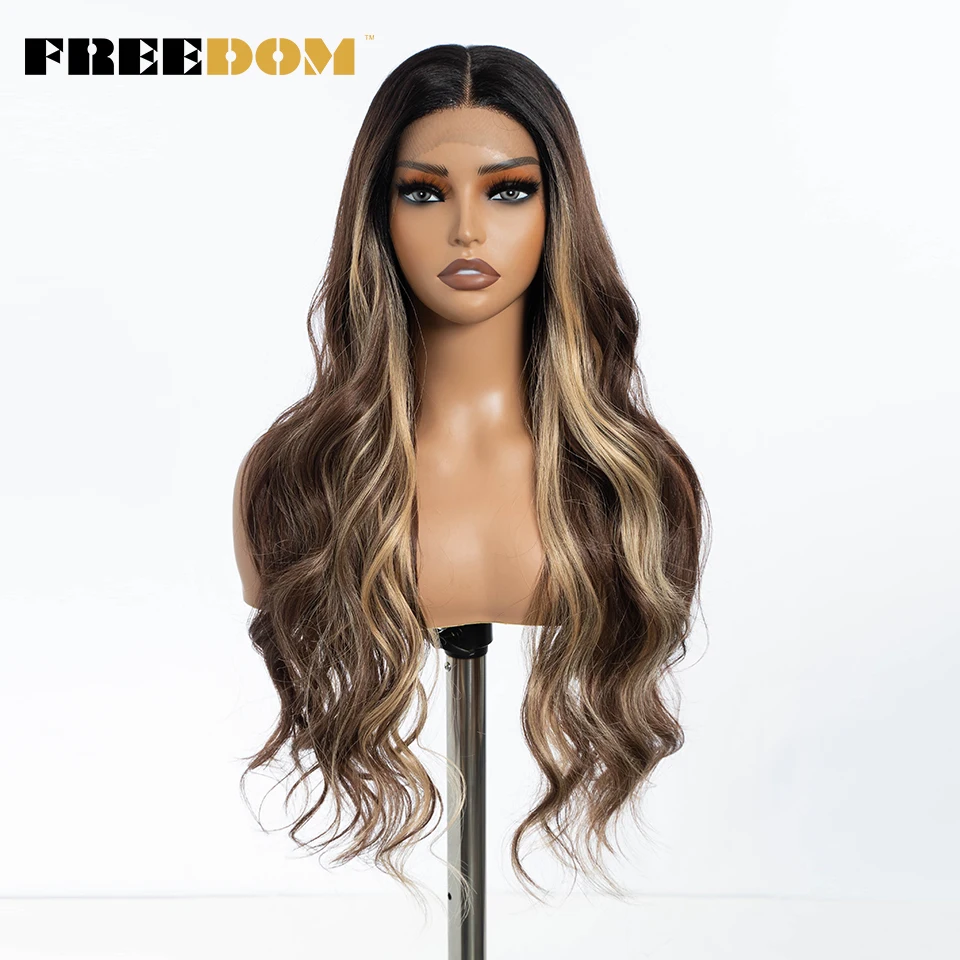 FREEDOM Synthetic Lace Front Wigs For Women Long Wavy 30 inch Middle Part Lace Wigs Ombre Blonde Brown Highlight Cosplay Wig