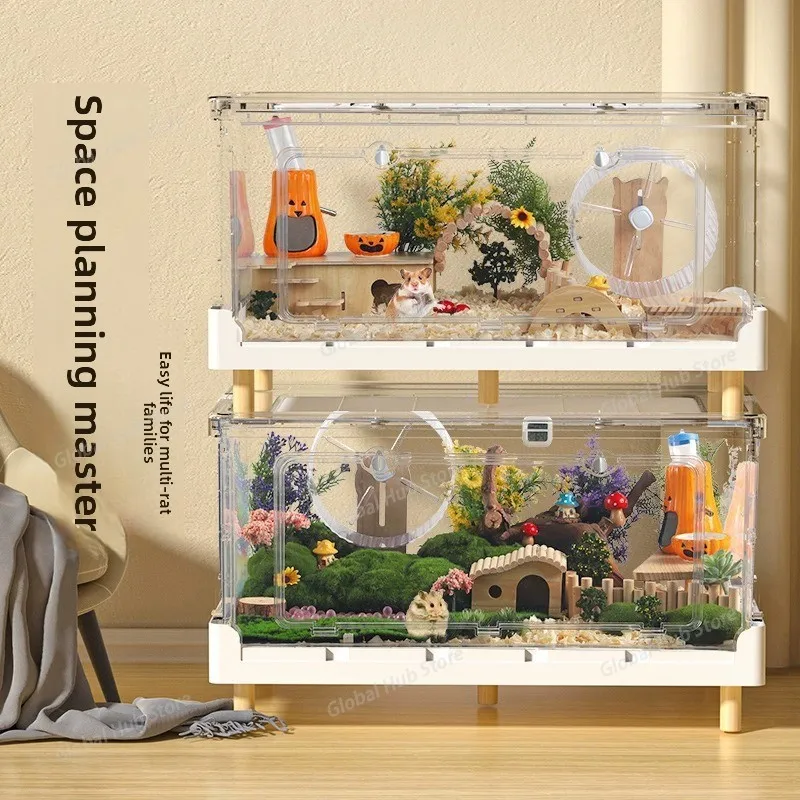 Hamster Cage Large, Acrylic Transparent Habitat, Escape-Proof Gerbil Mansion, Spacious 2-Story Home for Dwarf Hamsters