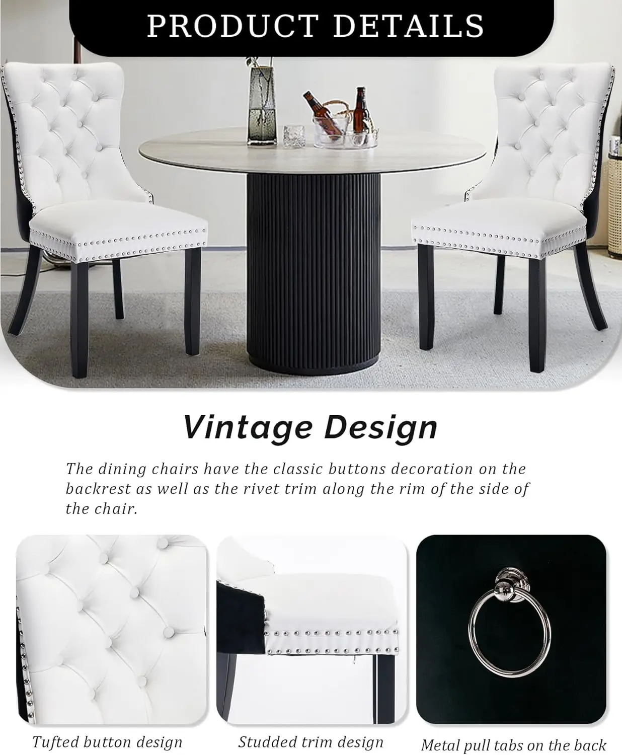 Set di 6 sedie da pranzo in pelle, imbottite trapuntate con finiture in chiodo e gambe in legno massello, bianco e nero