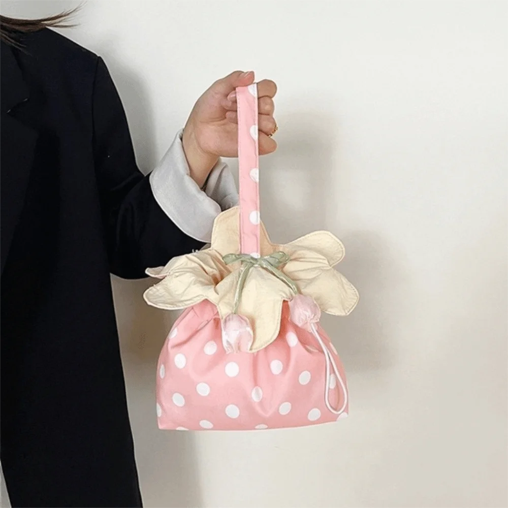 Floral Trim Flower Drawstring Crossbody Bag Bundle Pocket Flower Pendant Polka Dot Flower Bag Satchel Korean Style Wrist Handbag