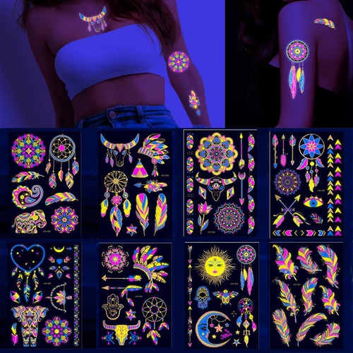 Tatuajes temporales luminosos, pegatinas fluorescentes de neón en la oscuridad, tatuaje iluminado, elefante/corazón de amor, tatuaje de hombro, pegatina de fiesta