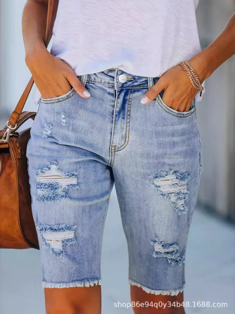 

Denim Mid Length Pant Women Jeans Frayed Hem Vintage Washed Straight Pants High Waist Distressed Hole Trousers Streetwear 2026