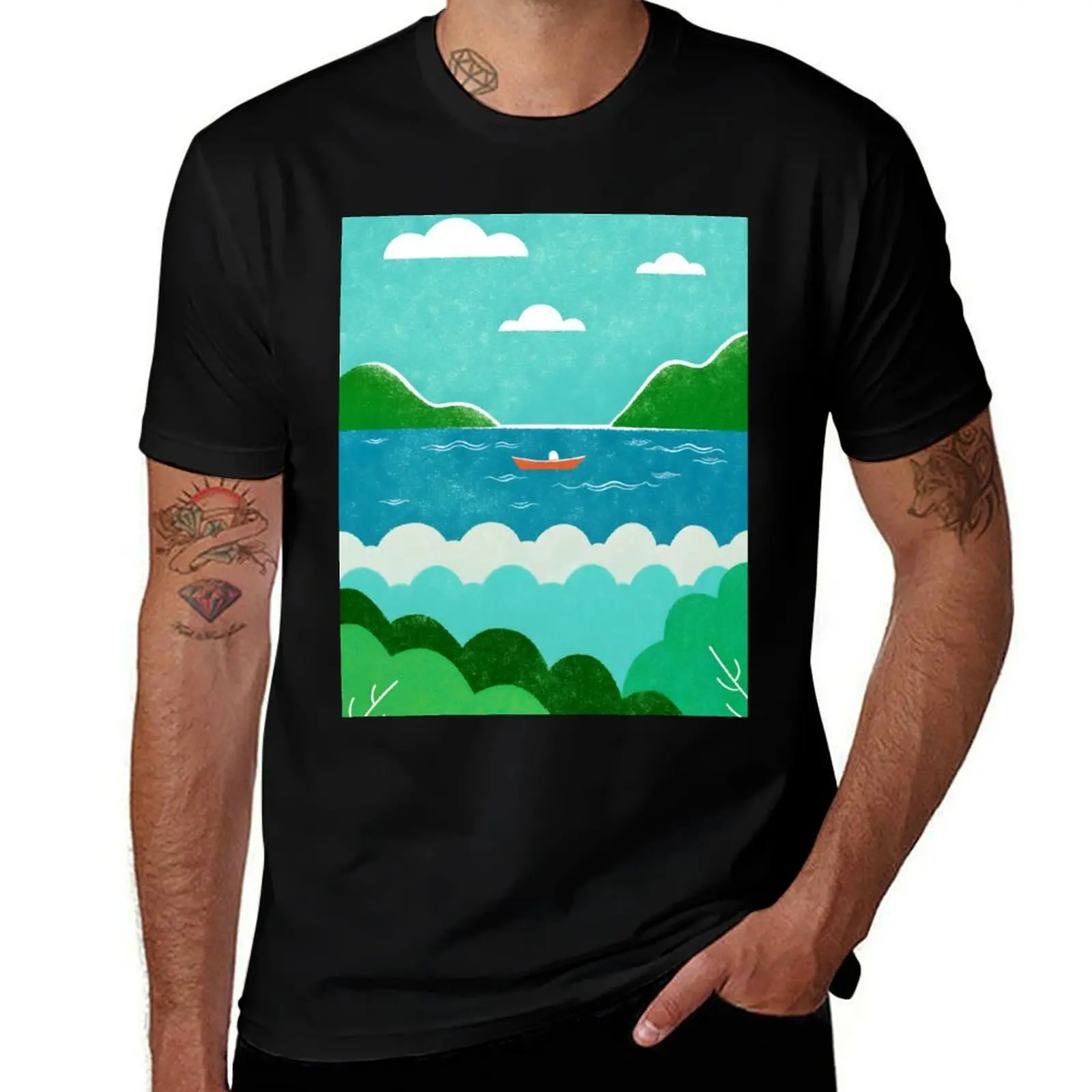 

Serene landscape with boat on lake and green mountains T-Shirt clothes tops kawaii clothes mens designer clothes
