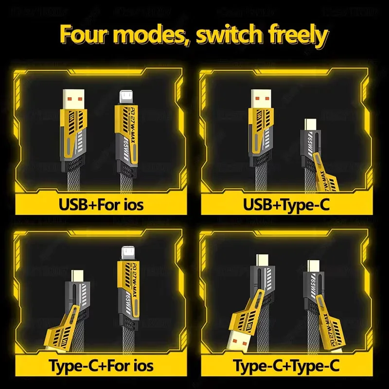 65W 4 In 1 Spring Data Cable Quick Charger Spring USB Cable 6A USB Type C Spring Telescopic Wire for Huawei IPhone IPad MacBook