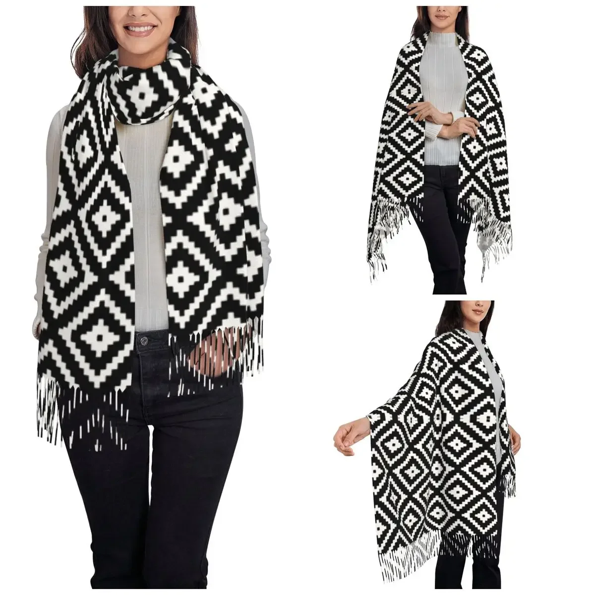 Womens Scarf with Tassel Aztec White On Black Long Soft Warm Shawl and Wrap Black White Nordic Scandi Geometric Pashmina Scarves