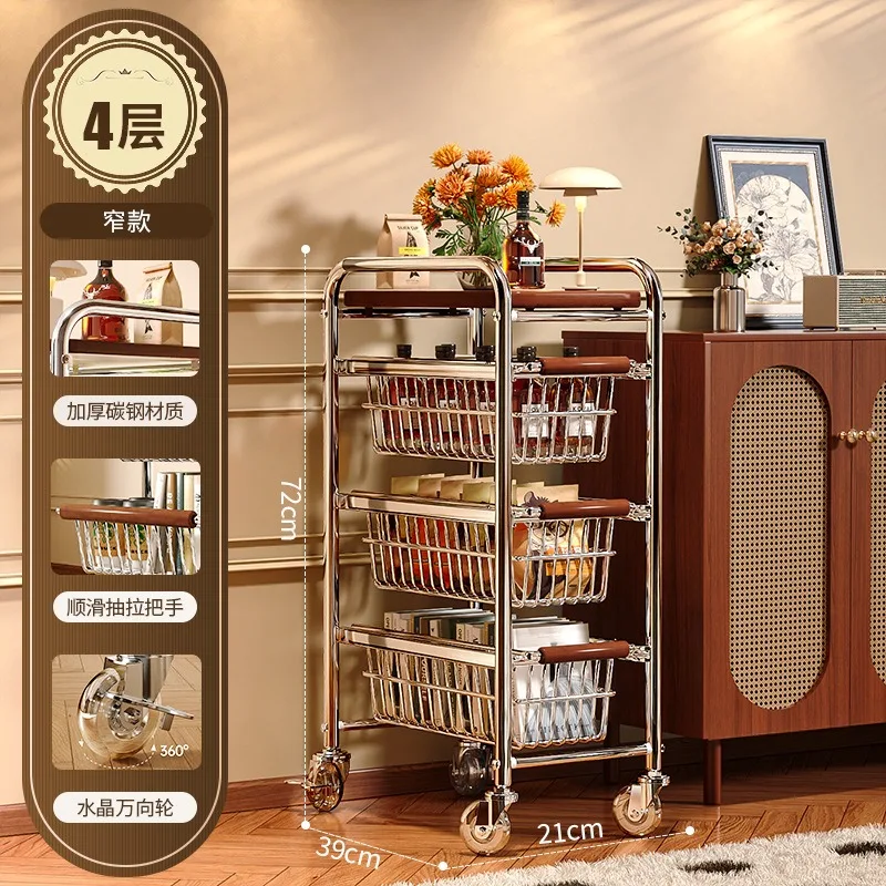 4-Tier Kitchen Storage Cart Metal Snack Cart Adjustable Fruit Basket on Wheels Stand Baskets for Potato Onion Produce Shelf
