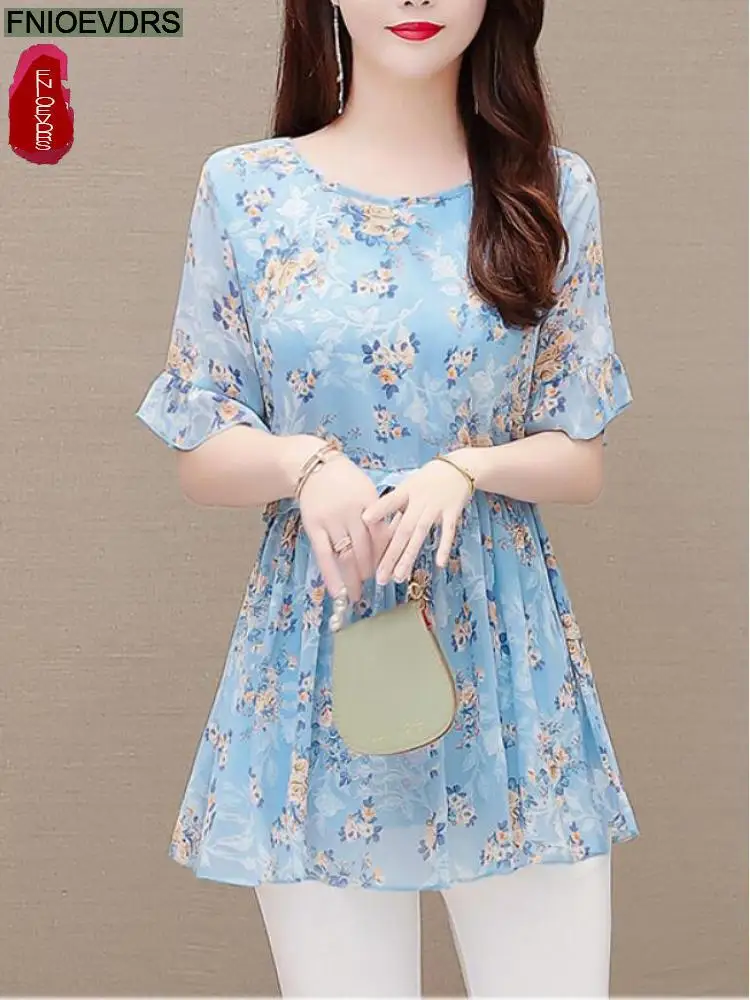 2022 Women Flower Floral Printing Long Tunic Drawstring Lace-Up Chiffon Shirt Blouses Bow Tie Retro Vintage Loose Peplum Tops