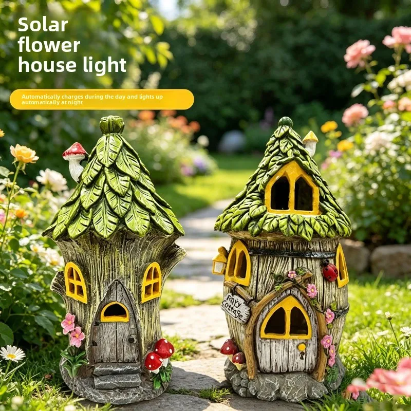 

Waterproof Resin Miniature Fairy Cottage with Solar LED Light Outdoor Walkway Lamp for Garden Christmas Decoration