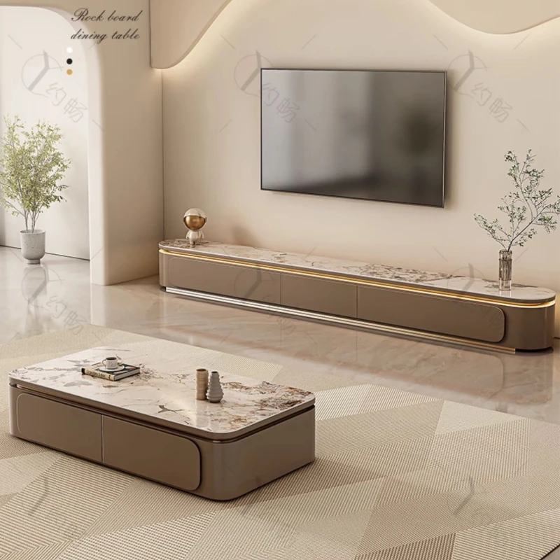 

Stone Plate Coffee Table Floor Cabinet Combination Minimalist Italian Cream Style Small Apartment Living Room Furniture