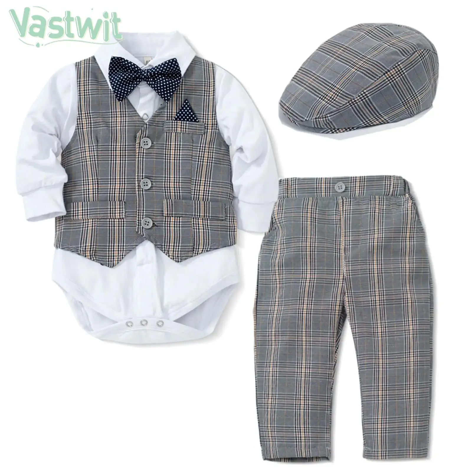 

Infant Boys Formal Gentleman Suit Birthday Party Baptism Wedding Photography Outfit Long Sleeve Romper with Waistcoat Pant Set