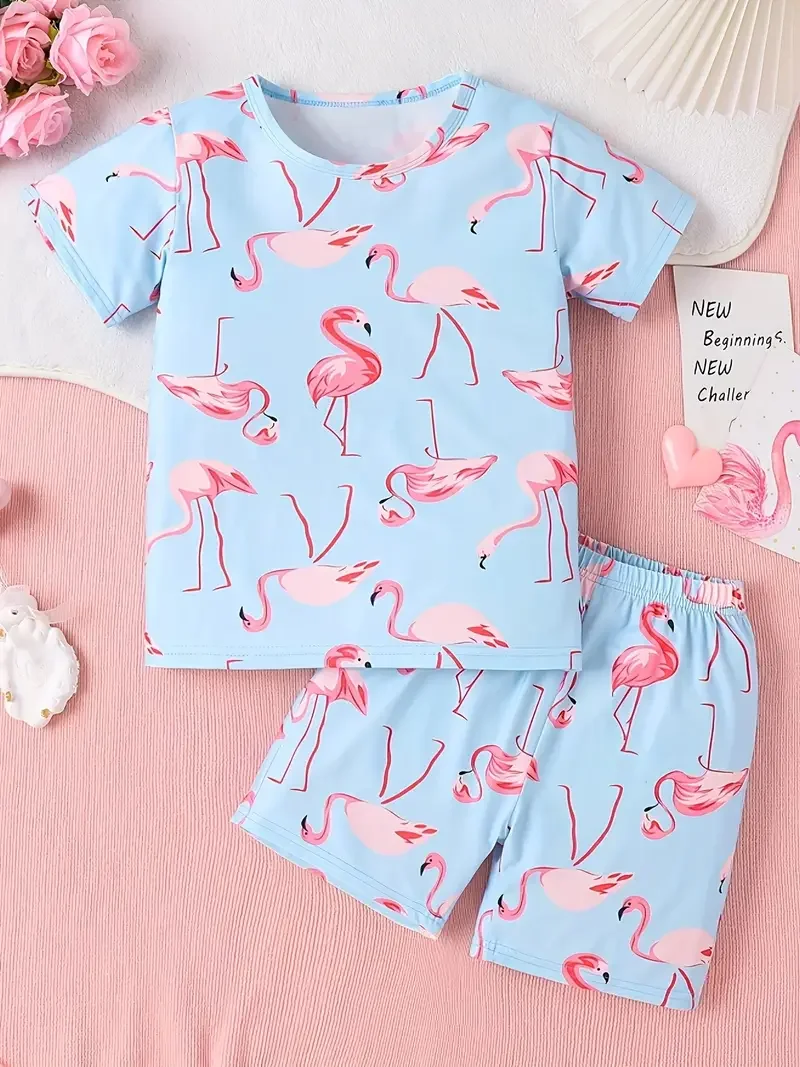 Cute tropical flamingo pattern print top + shorts beach style two-piece set for girls