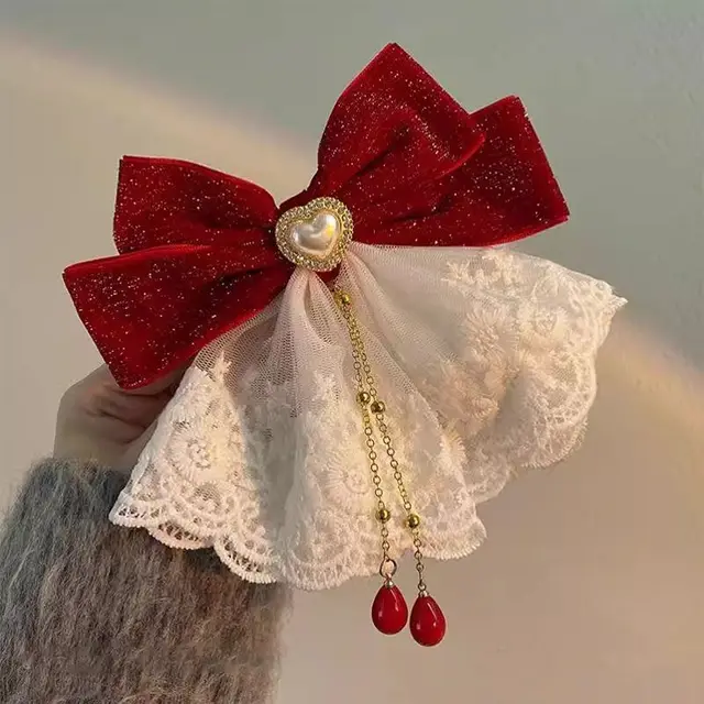 1 szt. Słodki temperament, koronkowa czerwona kokardka, klips z jedną linią, uciekinierzowa księżniczka, złamana diamentowa spinka do włosów, opaska z klipsem na tył głowy