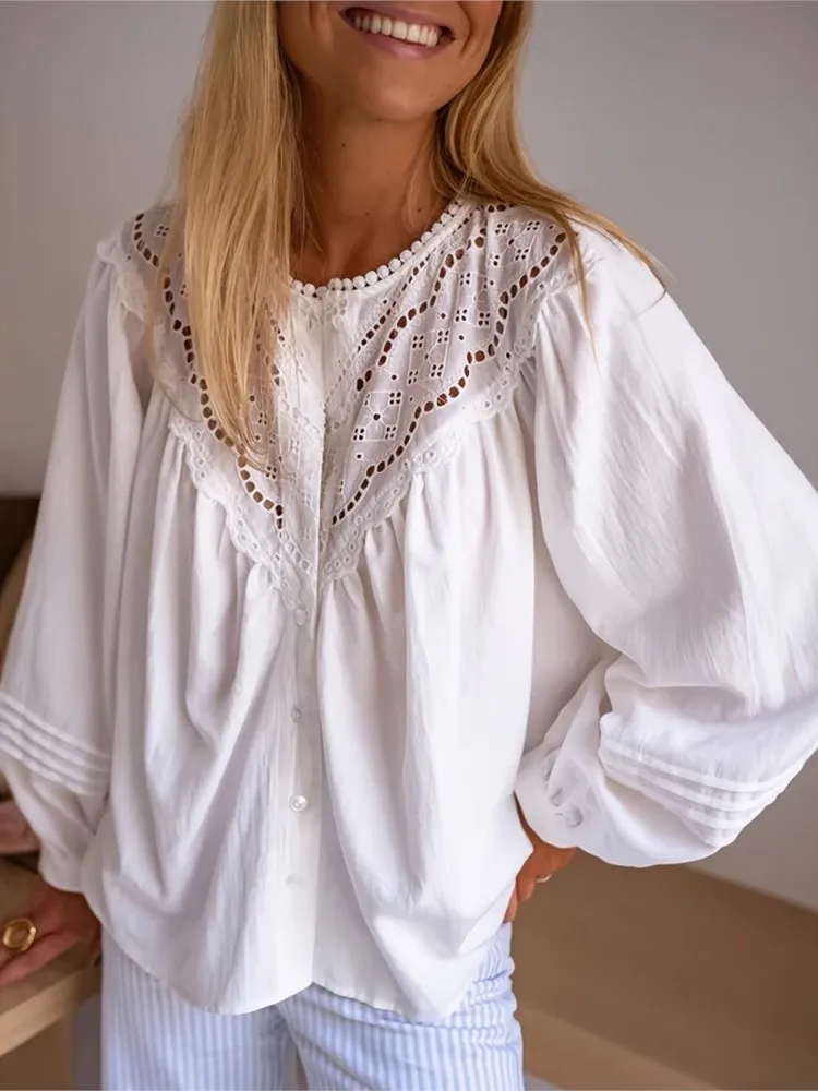 

White Hook Flower Hollow Shirt Top For Women Fashion Long Sleeve Lace O Neck Button Shirts Tops Lady Holiday Office Clothes New