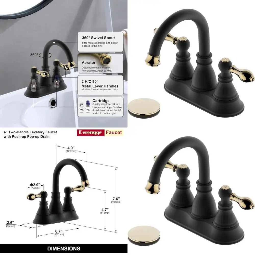 

Матовый черный с 3 отверстиями 360 ° Смеситель для унитаза с поворотным изливом и переливом, отделка из полированной латуни, 4-дюймовый центральный комплект, F-4501-MG