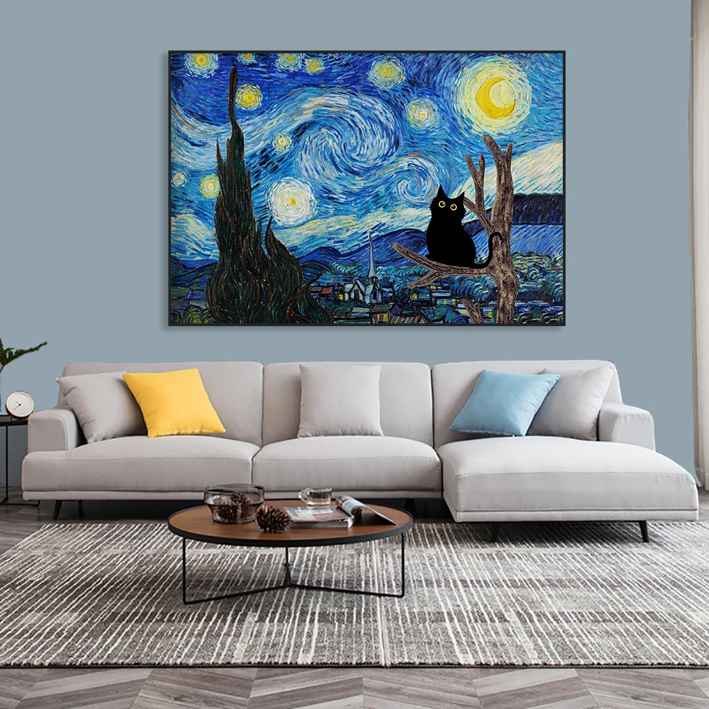 Modern Vincent Van Gogh's The Starry Night Cat Print Poster Van Gogh Black Cat Art Canvas Painting Funny Gift for Home Decor