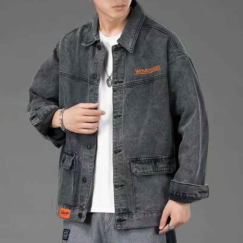 

Casual Men's Denim Jaet Spring Autumn Trendy Workwear Loose Fit Long Sve Button up Outerwear Youth ular Sle