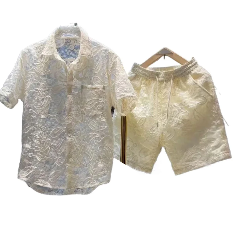 2025 New Hollow Mesh 2pcs Set For Men's Light Luxury Leisure Fashion Blouse Trend Embroidered Shirt Shorts Unisex Two Piece Set - Image 6