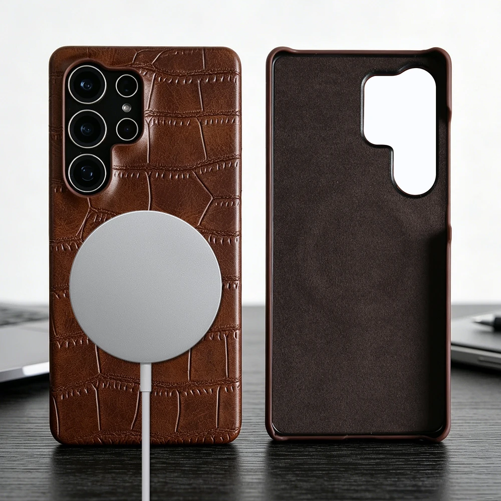 For Magsafe Phone Case for Samsung Galaxy S24 FE S25 Edge S26 Ultra S23 S22 S21 Plus S20 A57 A37 A55 A35 Crocodile Leather Cover