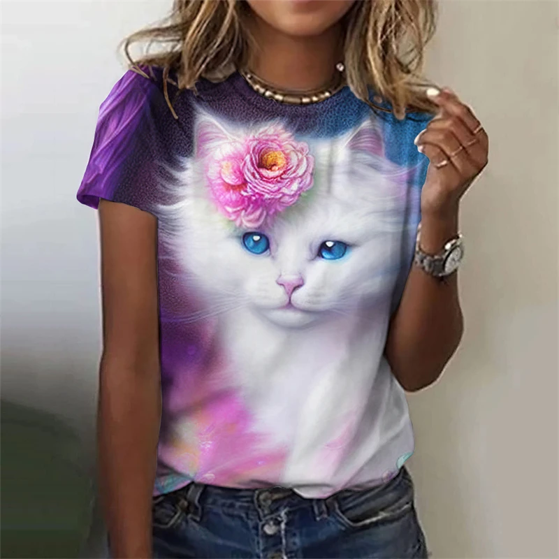 Fashion Womens T-shirt 3D Cats Print Tees Tops Harujuku Animal T Shirt Female Clothing Oversized Summer Top 2024 Women\'s T-shirt