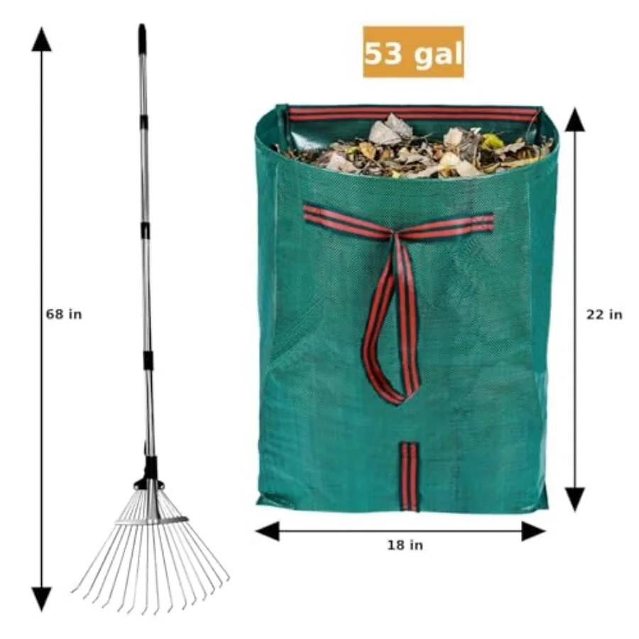 Ancinho de folhas de metal resistente para gramados e jardinagem ao ar livre com sacos de folhas tipo pá de 53 galões, design de alça longa com ex