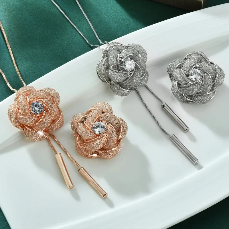 

Classic rose long necklace zircon for autumn and winter, versatile sweater chain, trendy and elegant necklace