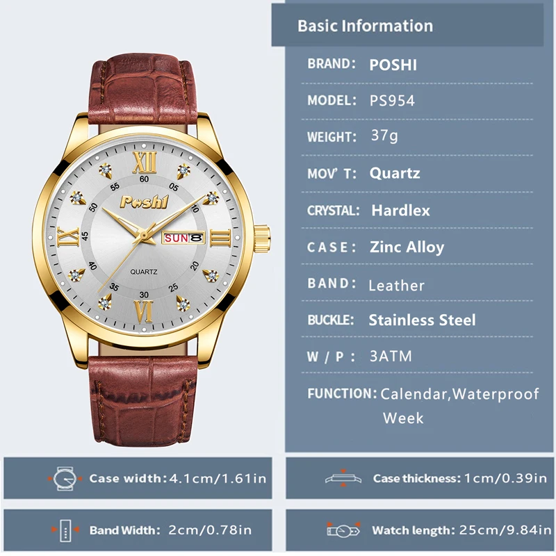 POSHI 954 New Fashion Quartz Watch Luxury Men\'s Watches Original Brand Business Leather Strap Simple Man Clock with Date Week