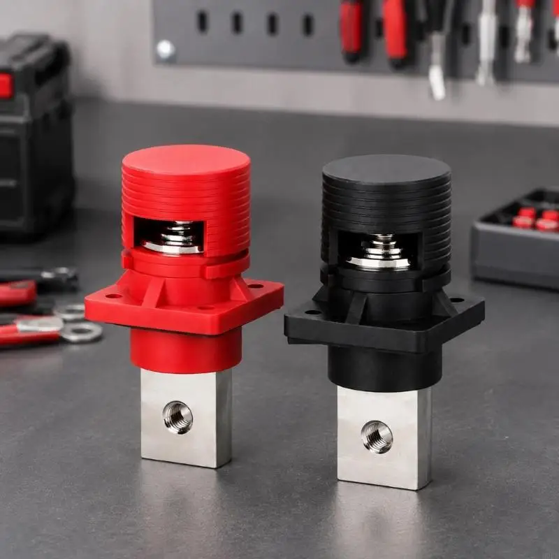 400 A Battery Feed-Through Terminal Pair with Red and Black Identification, Flanged Panel-Mount Bases and Threaded H9EE