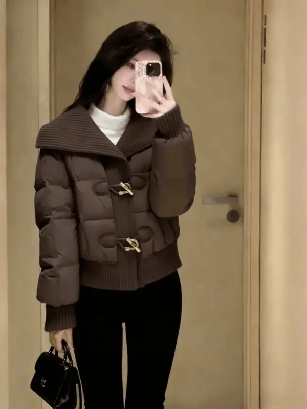 

Korean Sle Winter Cotton Jaet Women's Faion Unique Beautiful Turn-down Collar Coffee Color Cotton-filled Outerwear