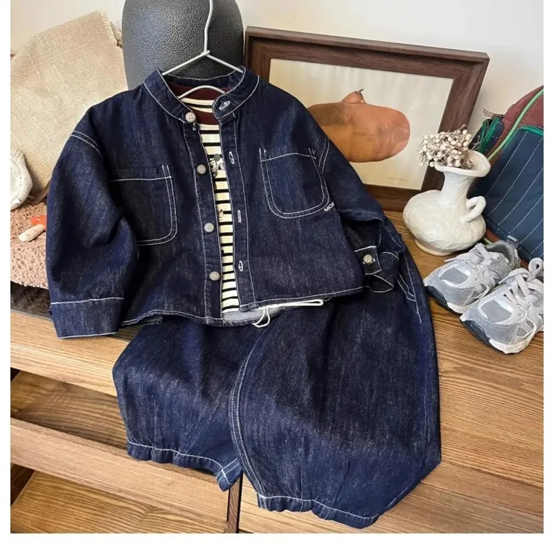 

Korean Spring Autumn Sibling Costume Children's Loose Denim Jacket Jeans Suit Boys Girls Long Sleeve Top and Bottom 2 Pcs Set