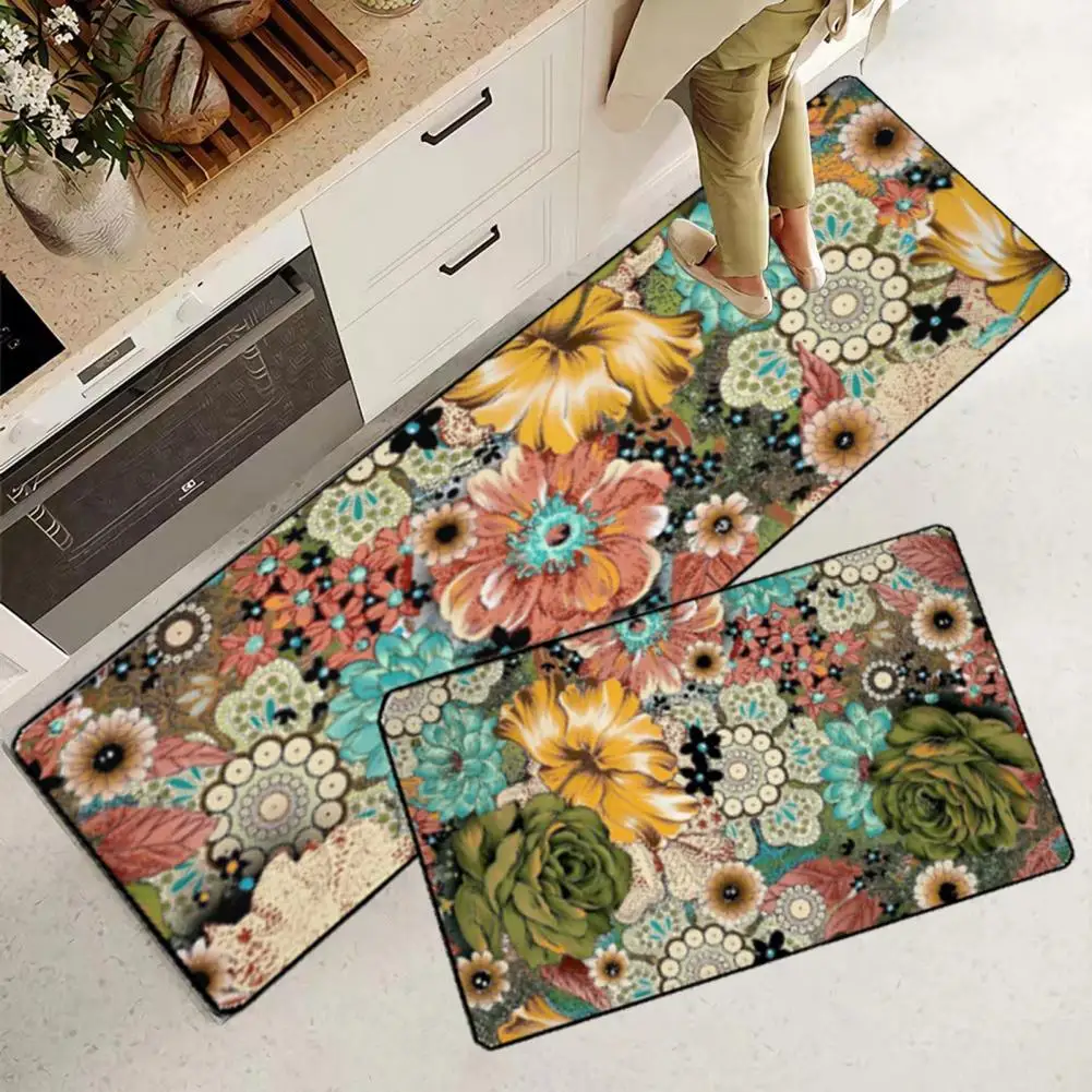 Kitchen Rug Entry Door Carpet Floral Print Kitchen Carpets Vibrant Color Wear Resistant Non-slip Mats for Easy Anti-fouling