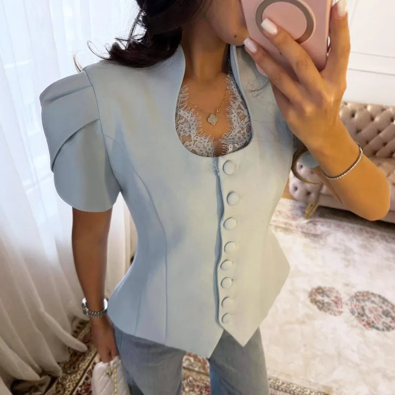 Tuularose Women's Blazer Fashion Lace Patchwork Short Sleeve Jackets Spring Summer Casual Commuting Chic Elegant Women's Outwear