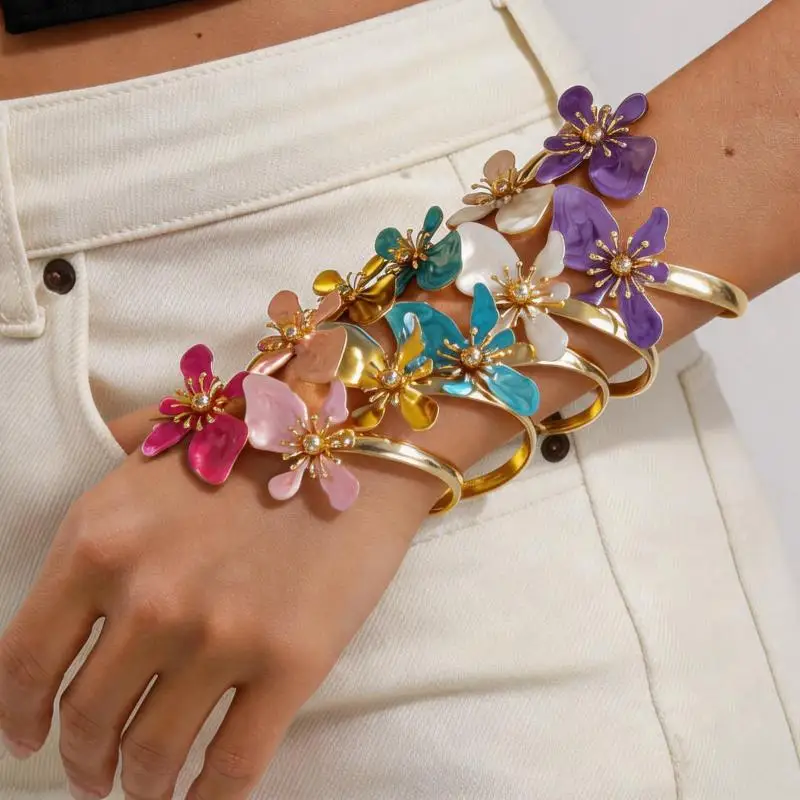 Bohemian Irregular Dripping Oil Flower Cuff Bracelets for Women Multi-color Punk Metal Armband Open Bangles Holiday Jewelry