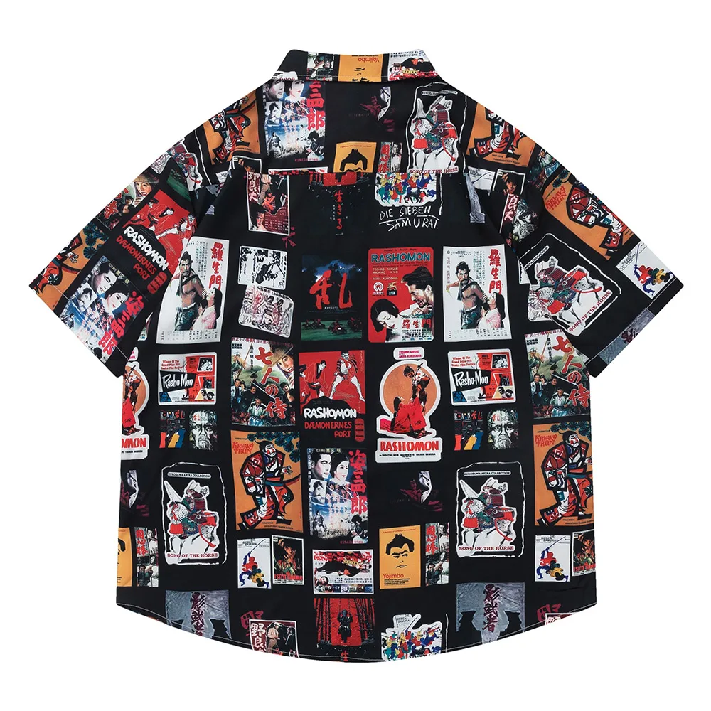 Vintage Retro Men Multi Posters Graphic Print Short Sleeve Shirts Summer New Colorful Lapel Button Shirts Men and Women Blouse