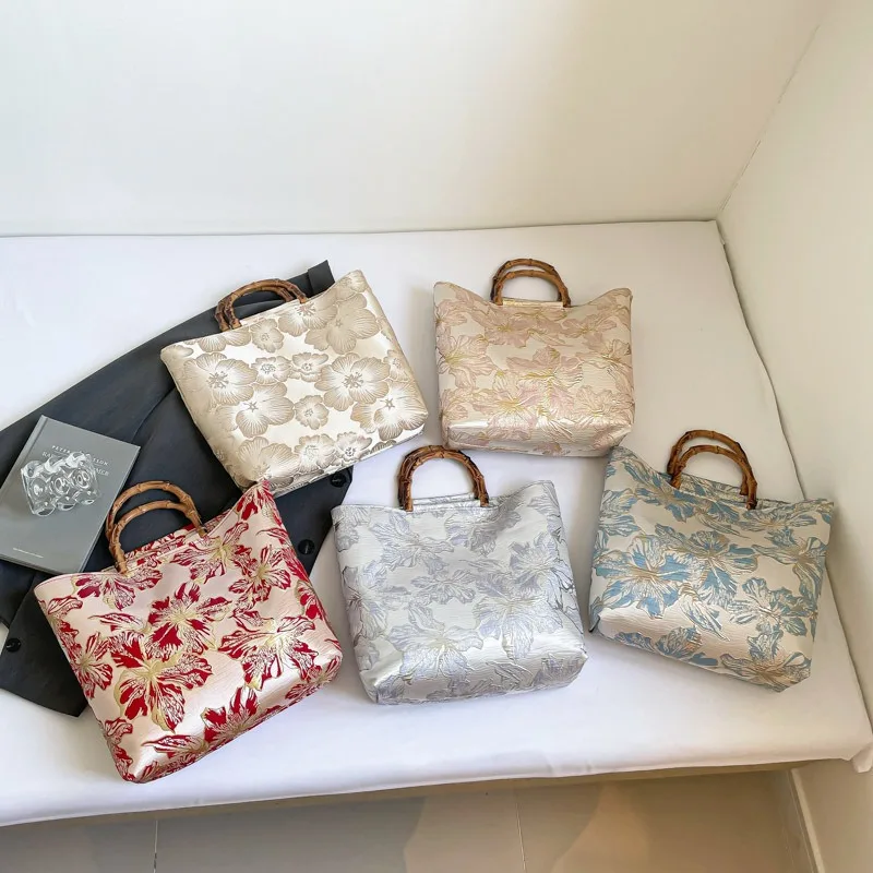 Chinese Style Canvas Jacquard Tote Bag Bamboo Joint Handheld Large Capacity Handbag Cheongsam Accessories Zipper Closure