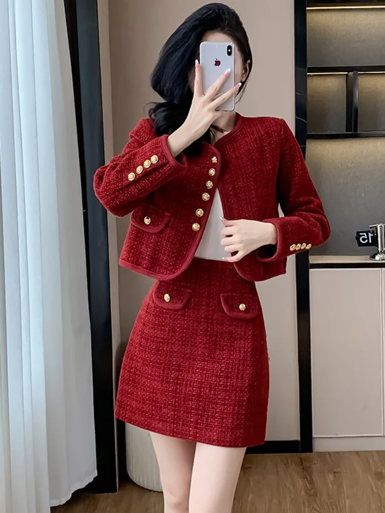 High Quality Small Fragrance Tweed 2 Piece Sets Women Outfits Christmas Jacket Coat + Skirt Sets Fashion Vintage Two Piece Suits