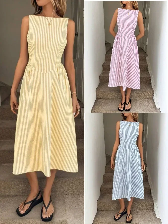 Neues Y2K Sommer-Urlaubskleid aus Leinen für Damen, ärmellos, vertikal gestreift, hohe Taille, A-Linie, Midi, lässiges Swing-Kleid mit Taschen – Detail 2