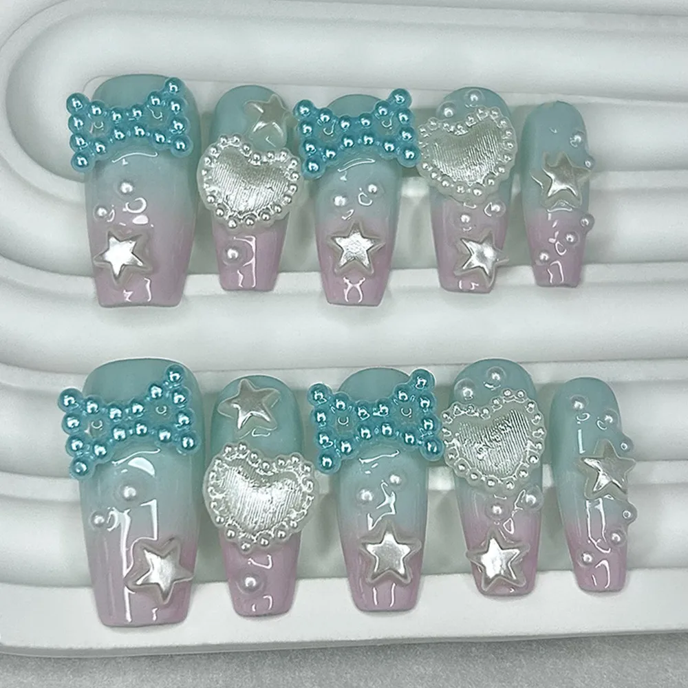 10 Stück Y2K Süße Rosa-Grün Verlaufende Handgemachte Press-On Nägel 3D Schleife Stern Herz Perle Künstliche Nägel Kawaii Gyaru Lange Sarg-Nagelkunst