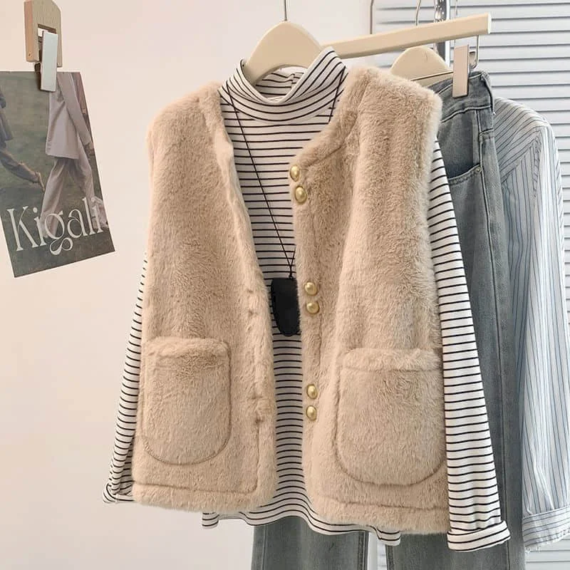 

Флисовые жилеты: элегантные плюшевые жилеты с круглым вырезом, повседневные осенне-зимние безрукавки, кардиганы в корейском стиле, свободные женские топы