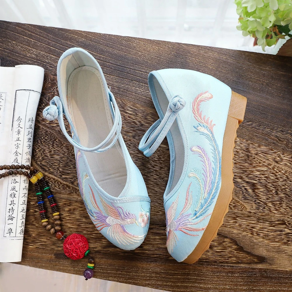 Veowalk 5cm Hidden Wedge Women Cotton Fabric Platforms Shoes Phoenix Embroidered Vintage Ladies Comfortable Shoes