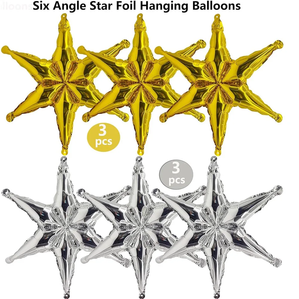 1/3/6/10pcs Gold Silver Champagne Six Angle Star Foil Balloons Birthday Anniversary Baby Shower Party Hanging Decor Backdrop