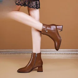 Women's Short Boots Autumn New Side Zipper Solid Color Square Head Thick Heel Slimming French High Heel Boots for Children