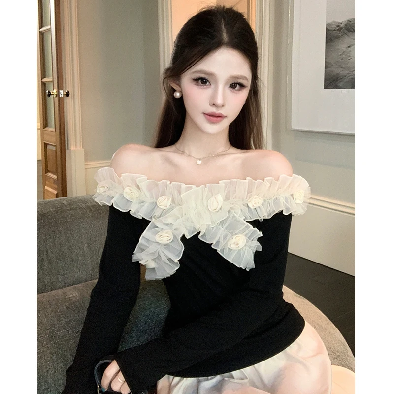 

2026 Spring Autumn Women T Shirt Sexy Off The Shoulder Flower Tops French Style Sweet Long Sleeve Shirt