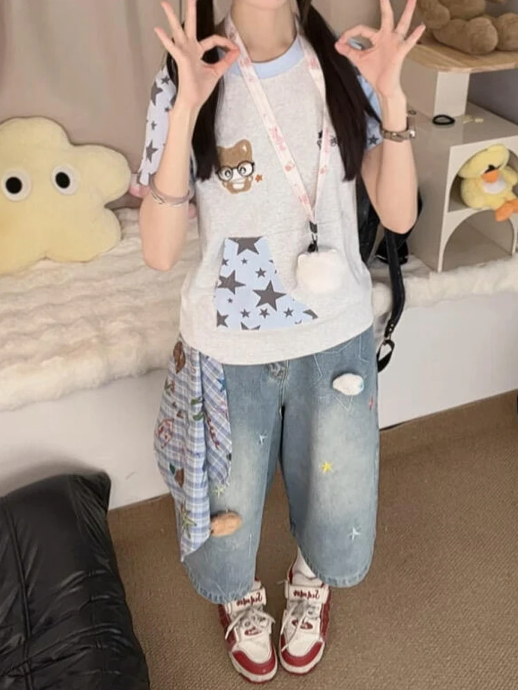 Sweet Cool Spicy American Style Embroidered Loose Wide Leg Short Jeans Women Summer Design Sense Decorative High Waist Denim ...