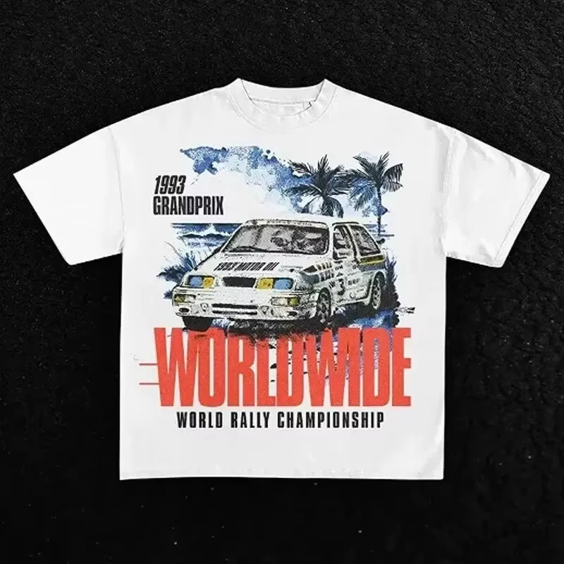 

2025 Summer Racing T-Shirt Men's Cotton Sports Car Graphic Print Oversized Round Neck Short Sleeve Casual Streetwear Top
