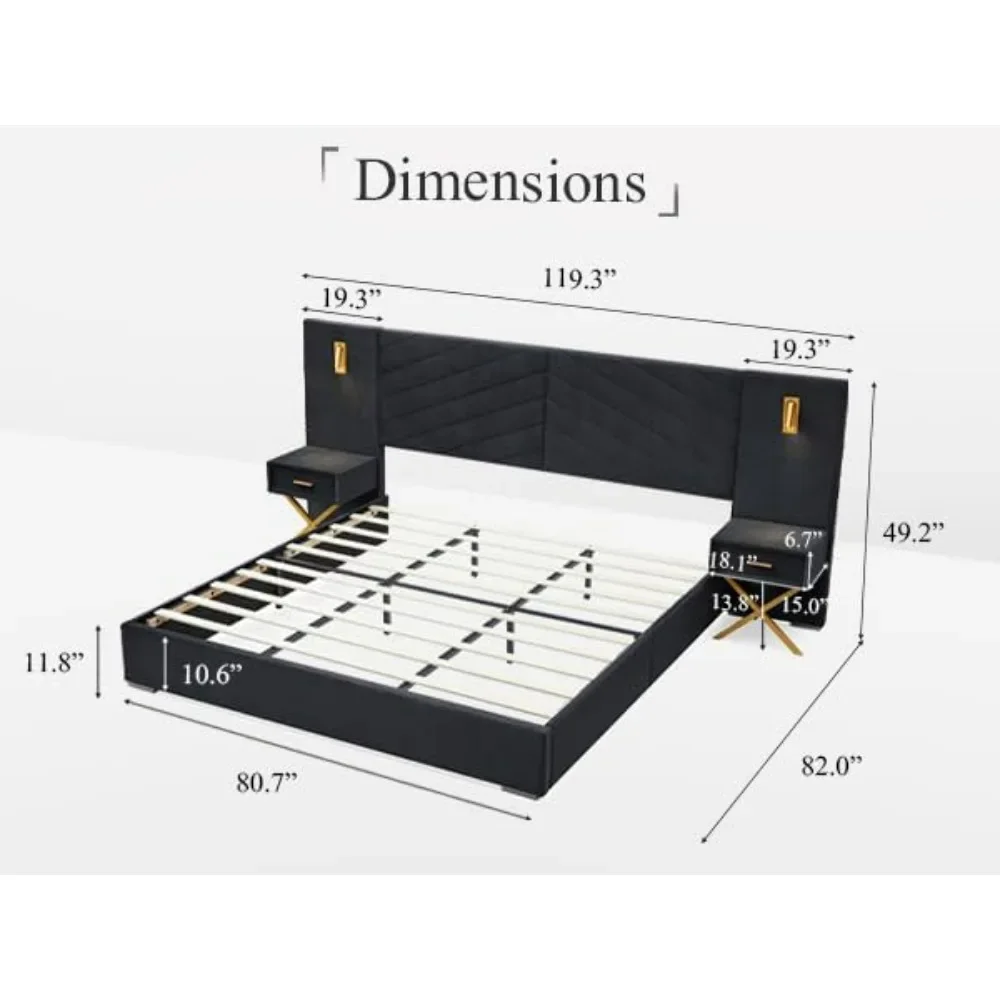 Luxury Bed Frame with Built-in Gold LED Lights and Nightstands,Platform Bed with Oversize Upholstered Headboard,No BoxSpringNeed