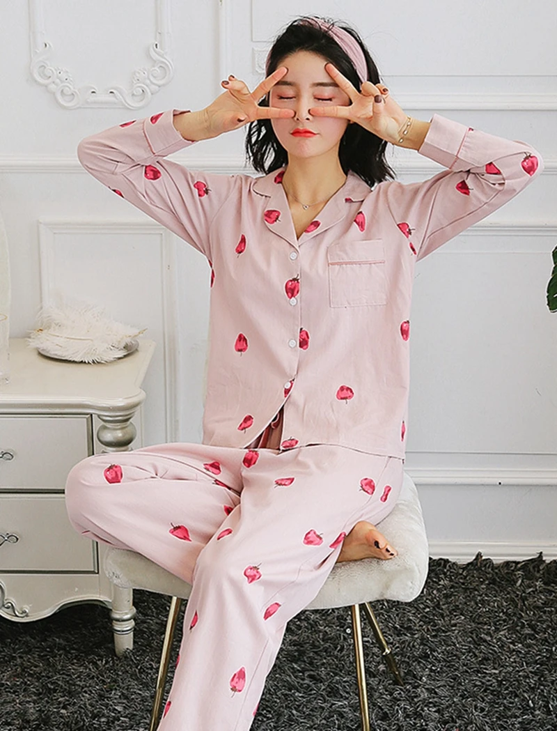 

Women's Cute Pajama Set Pink Strawberries Print Long-Sleeve Lapel Top With Chest Pocket And Pants Loose Relaxed Fit Nightwear Pj