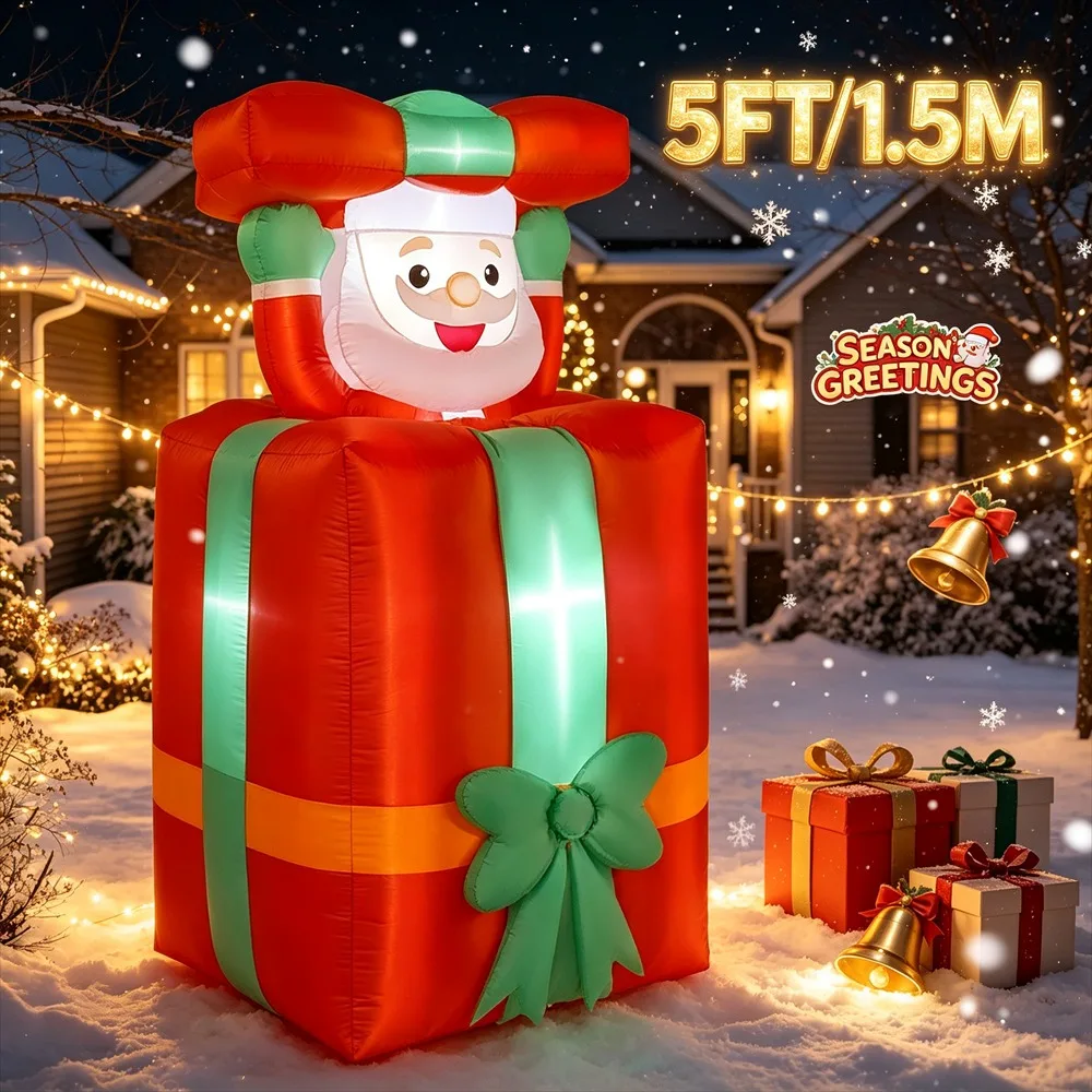 5FT Christmas Inflatable Model Gift Box Peeking Santa Claus Outdoor Decoration Holiday Yard Decor for Christmas Festive Carnival