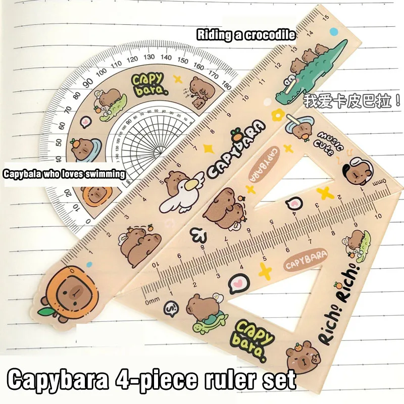 

4 PCS Cute Cartoon Capybara Metric Ruler Plastic Straightedge High Appearance Measuring Too Triangle Ruler Student Protractor