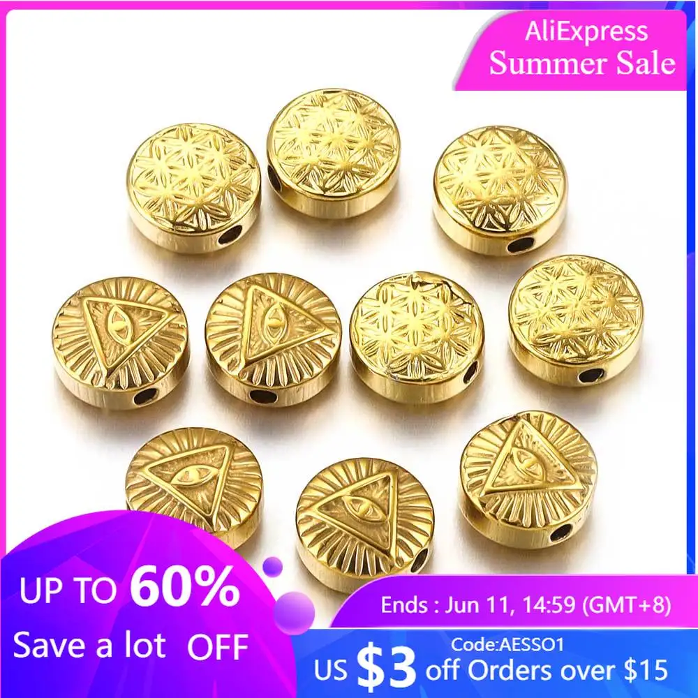 

5pcs Stainless Steel Evil Eye Beads Round Gold-plated Spacer Bead for DIY Bracelet Necklace Craft Parts Jewelry Making Material