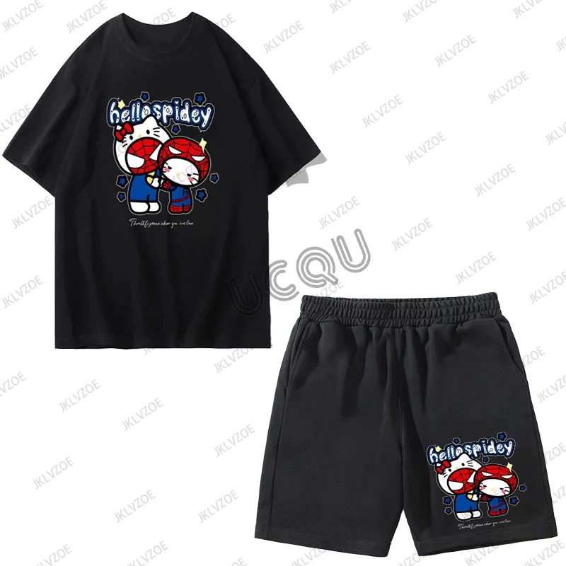 Summer Men Set Cotton 2-piece Set Hello Kitty Spider-Man T-Shirt Shorts Pants Suit Casual Tracksuit Oversized Clothes Sport Sets